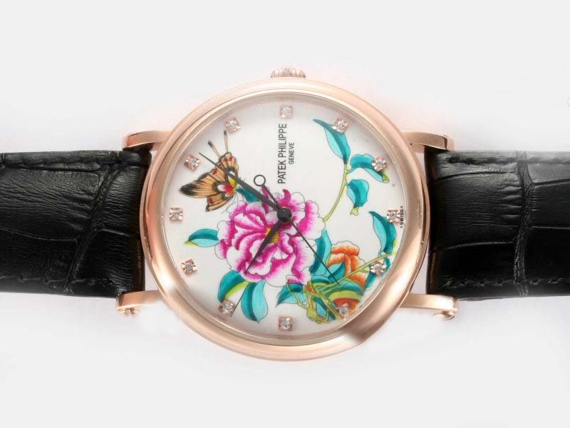 Patek Philippe Rose Gold Case Diamond Marking Flower Illustration With Enamel Dial Montre