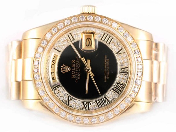 Rolex Day-Date Automatic Diamond Bezel With Black Dial Roman Marking Montre Rolex Day-Date Automatic Diamond Bezel With Black Dial Roman Marking Montre
