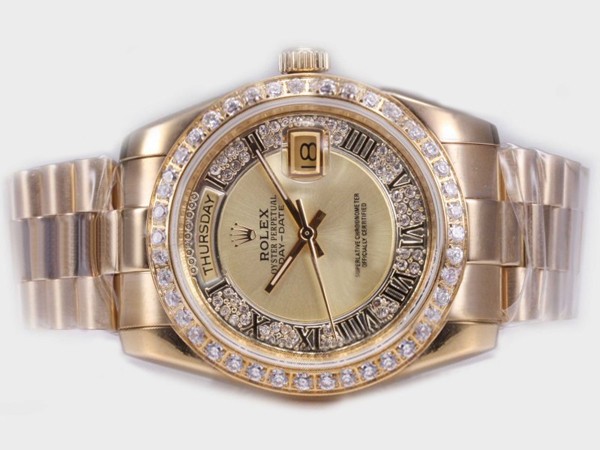 Rolex Day-Date Automatic Diamond Bezel With Golden Dial Roman Marking Montre Rolex Day-Date Automatic Diamond Bezel With Golden Dial Roman Marking Montre