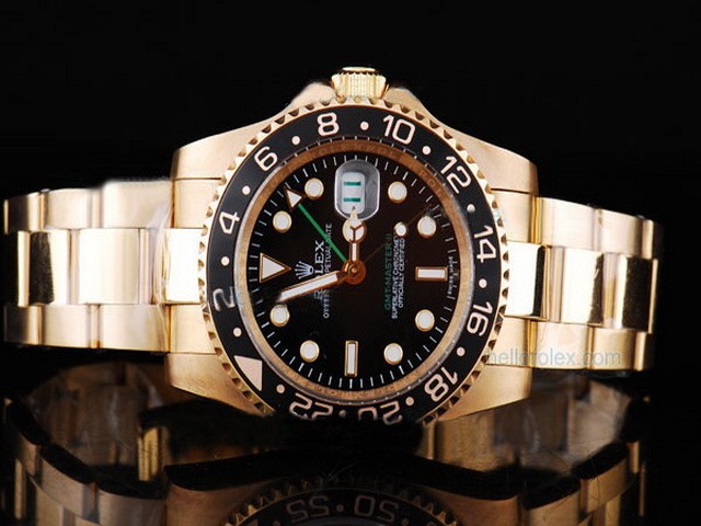 Rolex GMT-Master Full Gold With Black Bezel Black Dial Small Calendar White Round Bearl Marking Montre Rolex GMT-Master Full Gold With Black Bezel Black Dial Small Calendar White Round Bearl Marking Montre