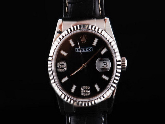 Rolex New Black Dial And White Bezel And Case--Diamond Marking-Small Calendar-Black Leather Strap Montre
